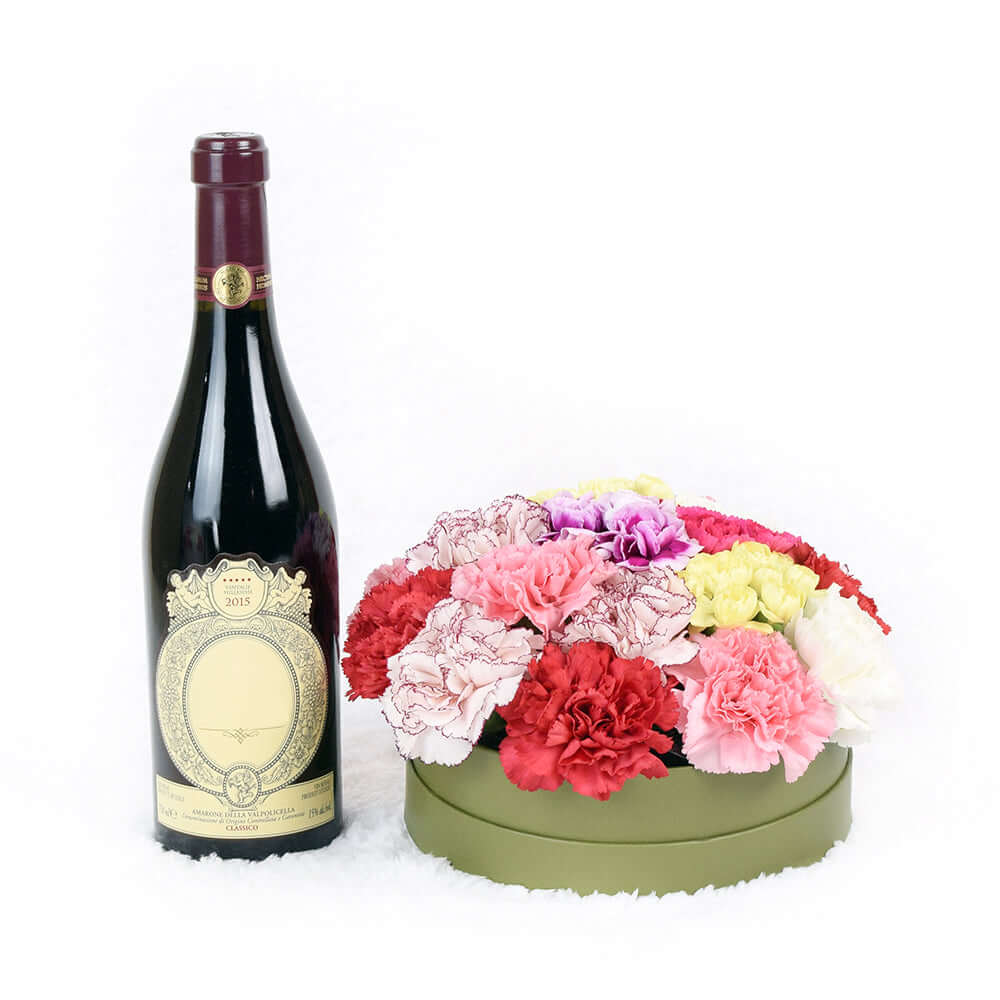 Mixed Carnations Arrangement in Green Hat Box with Wine Gift – how the gift is presented