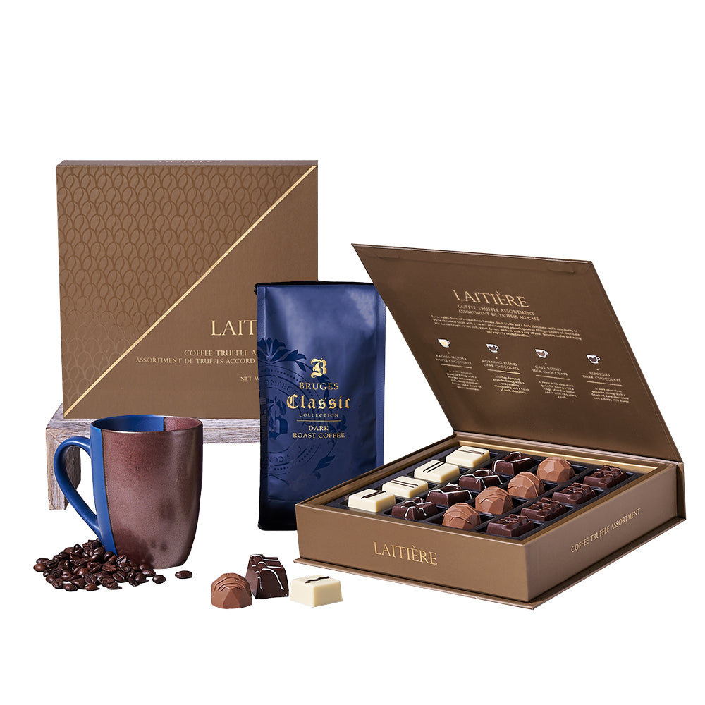 Stylish Two-Tone Mug with Gourmet Coffee and Truffles Gift – how the gift is presented