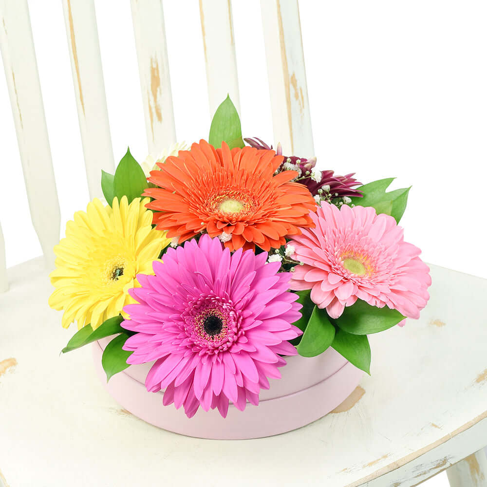 Special Occasion Floral Arrangement with Warm Gerbera and Ruscus – how the gift is presented