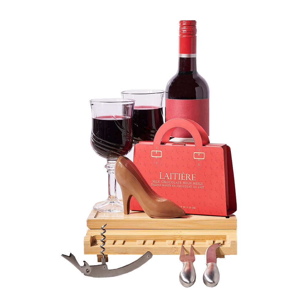 Wine & Chocolate Heel Set, chocolate gift, chocolate, wine gift, wine, gourmet gift, gourmet. Connecticut Delivery