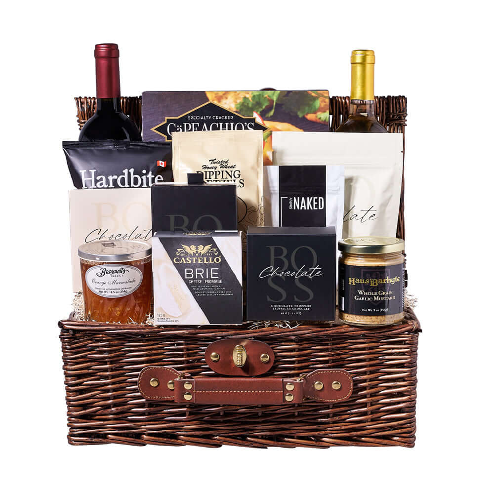 Wine & Snack Assortment Basket, wine gift, wine, gourmet gift, gourmet, chocolate gift, chocolate, gift basket, gift. Connecticut delivery