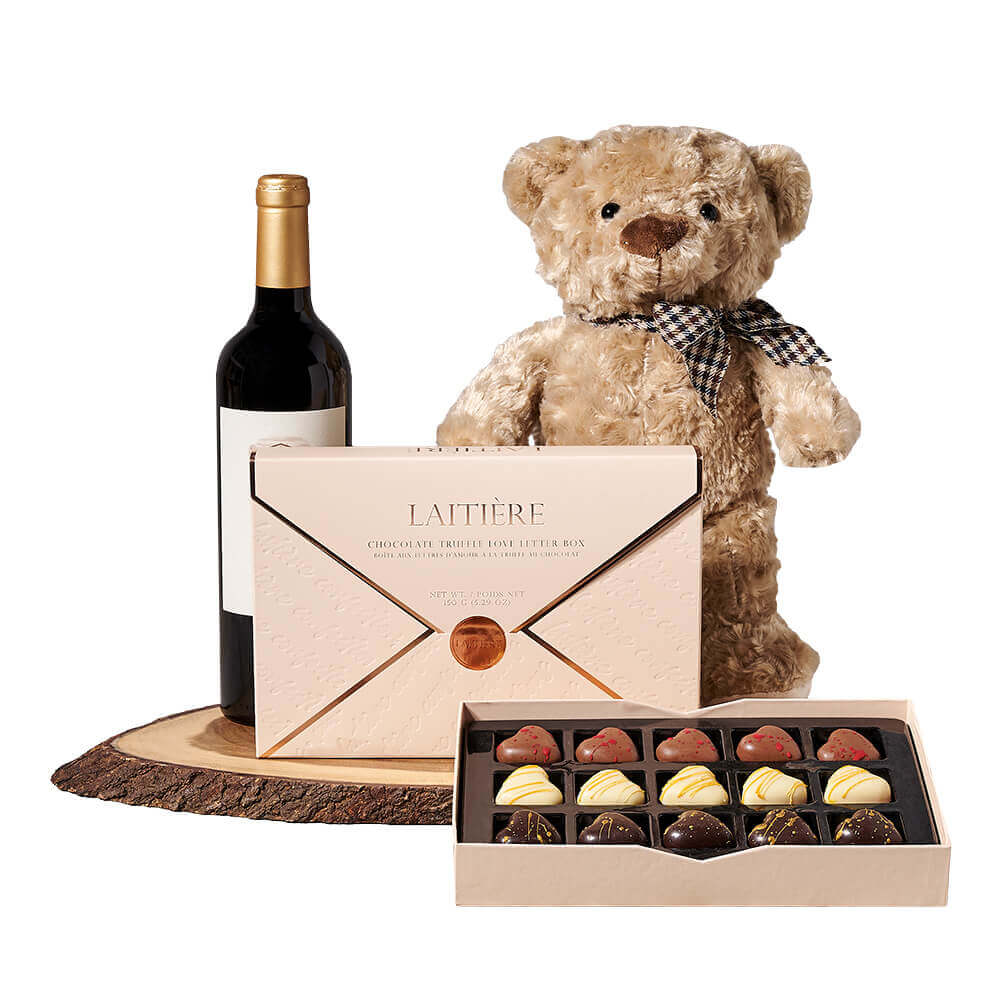 Wine &amp; Teddy Chocolate Gift, wine gift, wine, chocolate gift, chocolate, teddy bear gift, teddy bear. Connecticut delivery