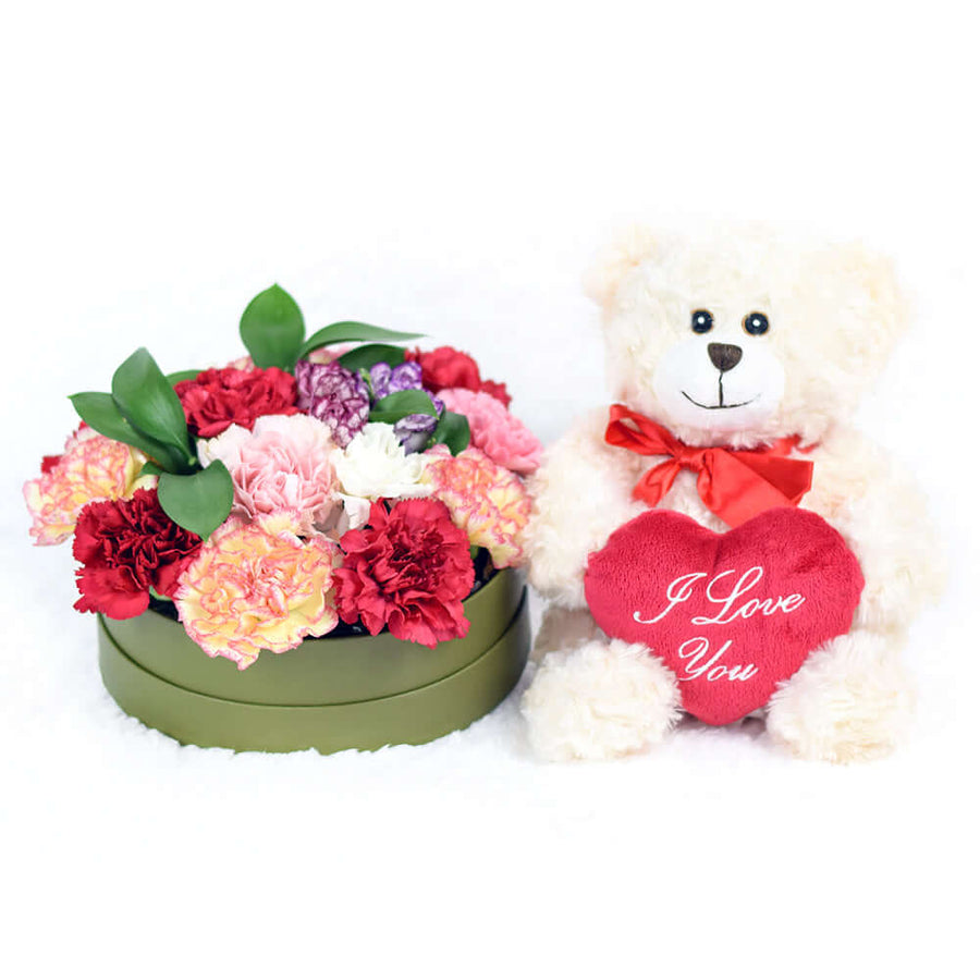 Mixed Color Carnation Box with Plush Bear   Connecticut Delivery